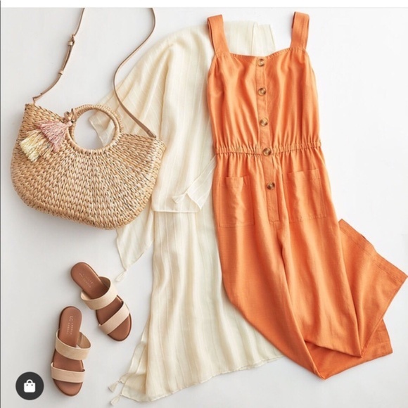 LC LAUREN CONRAD Jumpsuit Square Neck Bohemian Wide Leg Peach Sizes L XXL - Picture 4 of 10